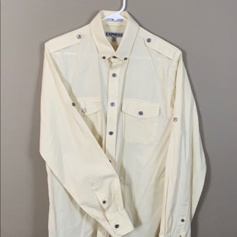 Yellow with thin grey stripes, versatile shirt